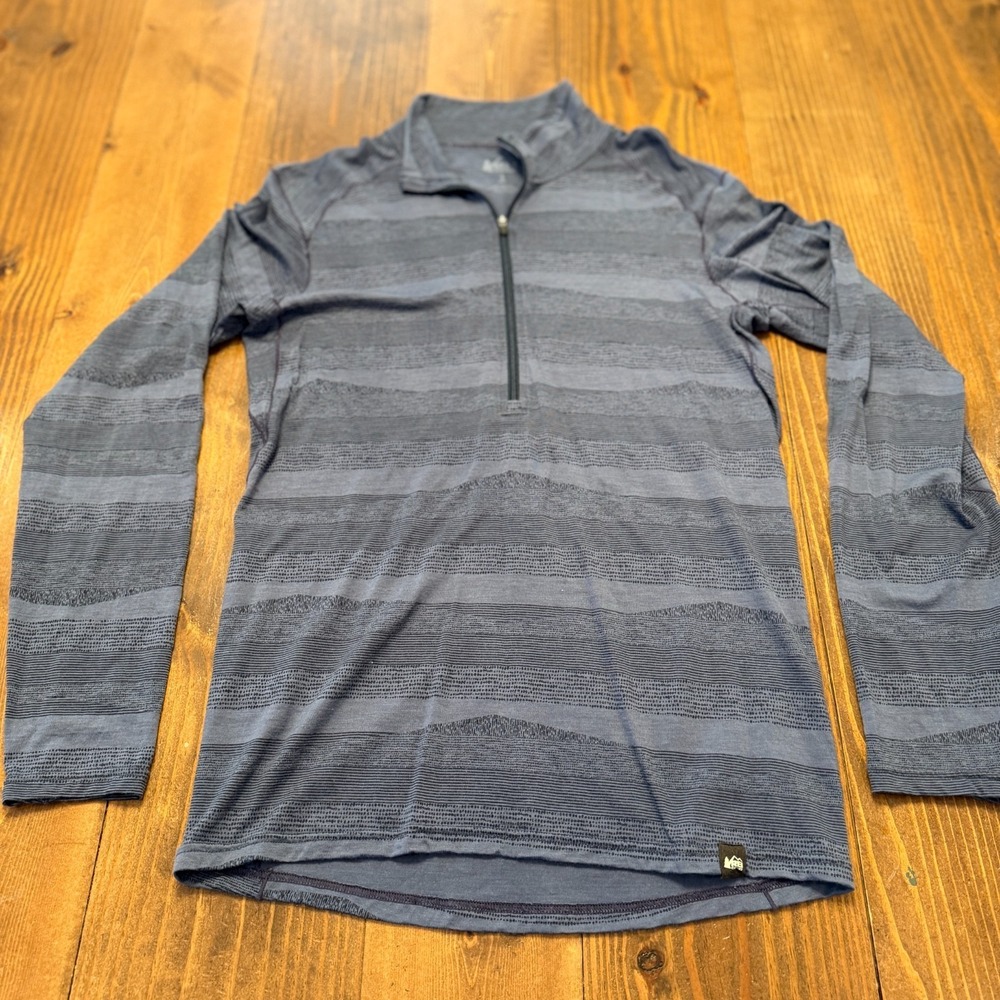 REI Co-op Pullover Men Small Blue Stripe Merino Wool 1/4 Zip Long Sleeve Outdoor